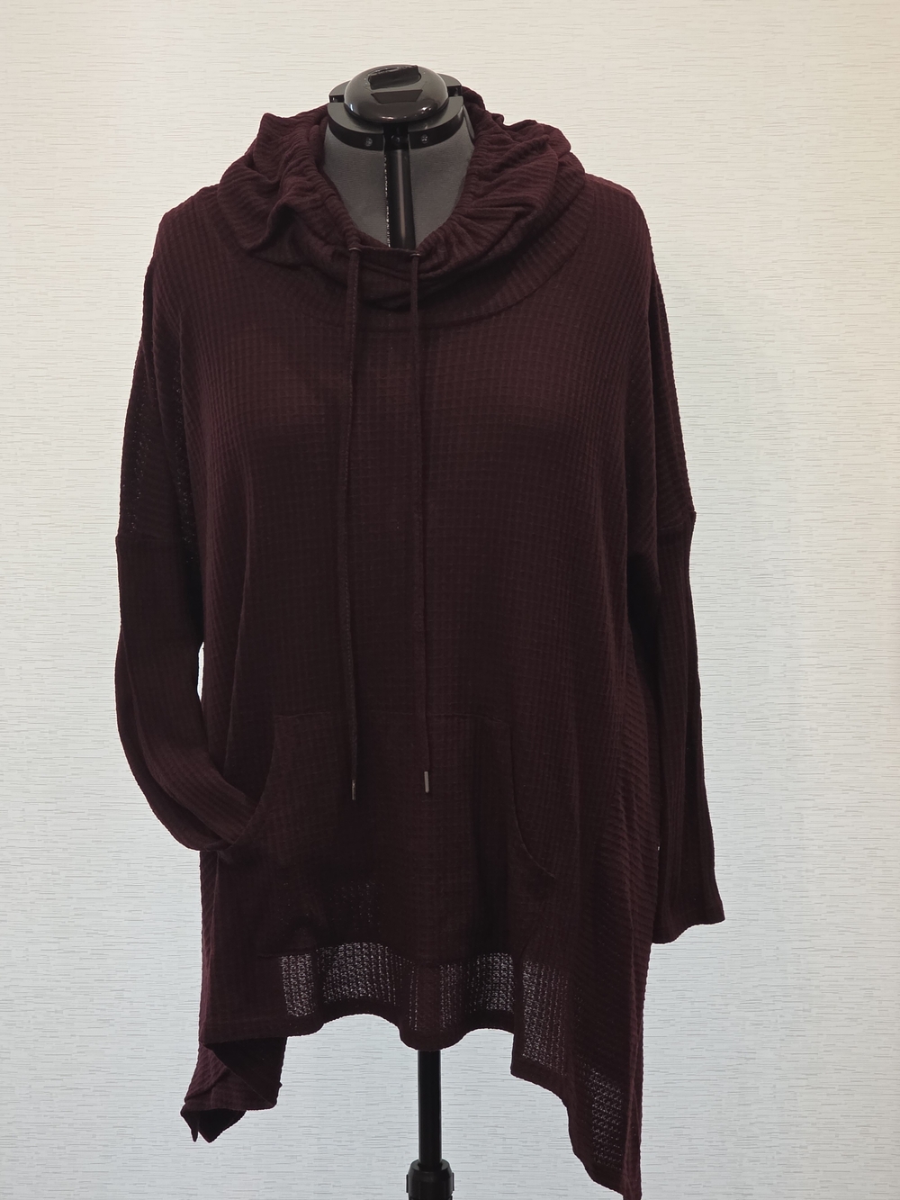 Women's Waffle Knit Cowl Neck Pullover - Burgundy